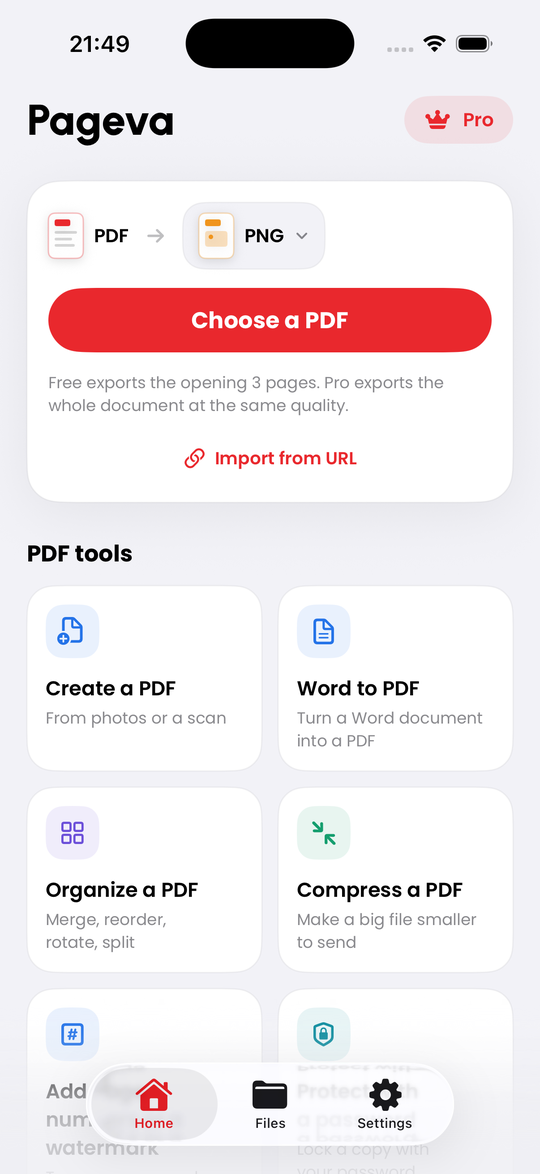 Pageva home screen on an iPhone: a PDF to Word converter card with a Choose a PDF button, and a grid of PDF tools underneath.